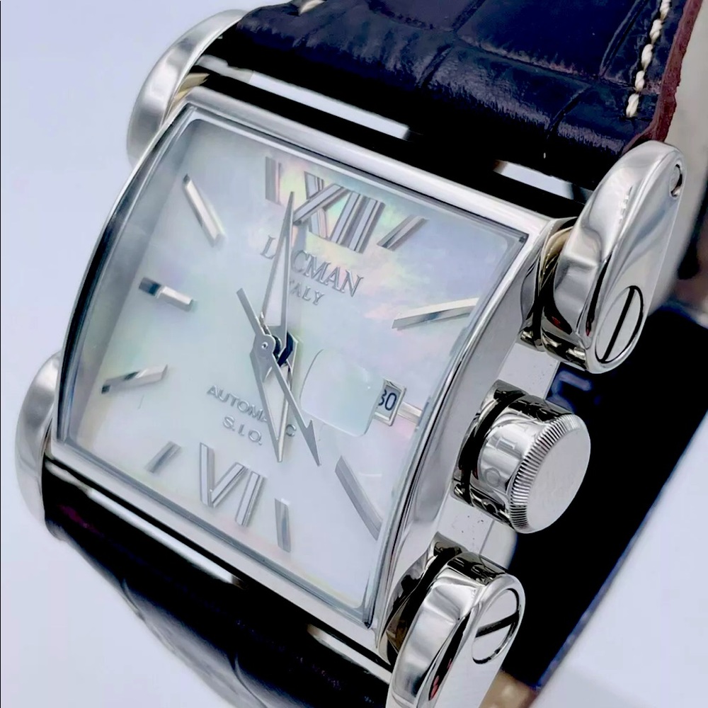 Locman Silver Case Wristwatch with White Mother-of-Pearl Dial and Black Strap